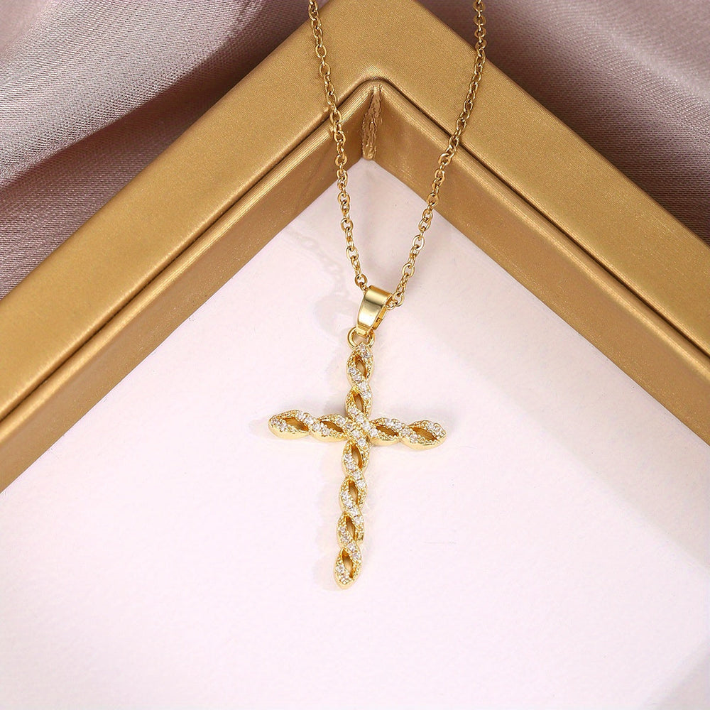 Kristallen gedraaide kruisketting | goudkleurig