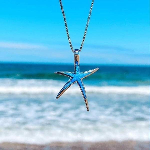 Ketting met zeester van blauw opaal en zilver