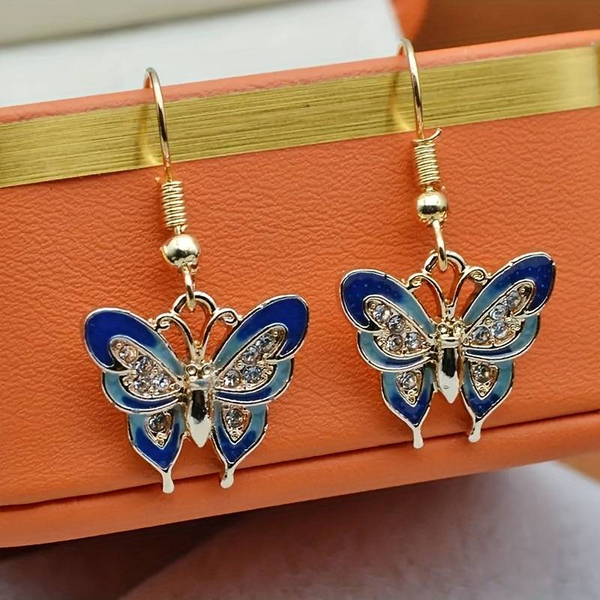 Vintage blauwe emaille vlinderoorbellen