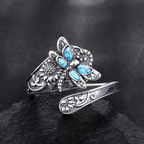 Sterling zilveren lepelring met turkoois – vintage boho wikkelring met libelle
