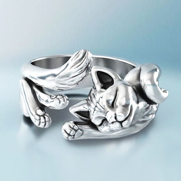 Zilverkleurige vintage kattenring