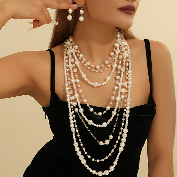 Boho meerlaagse parel statement set