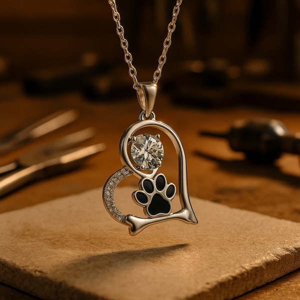 Handgemaakte ketting met hondenpootje en botje met zirkonia