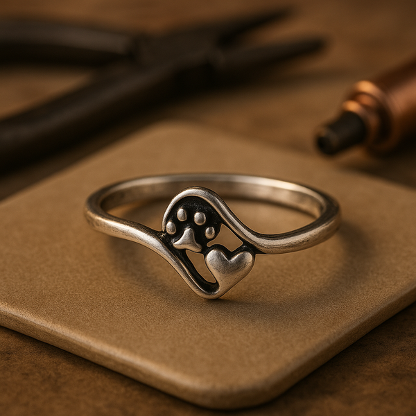 Vintage sterling zilveren ring met pootje en hartje