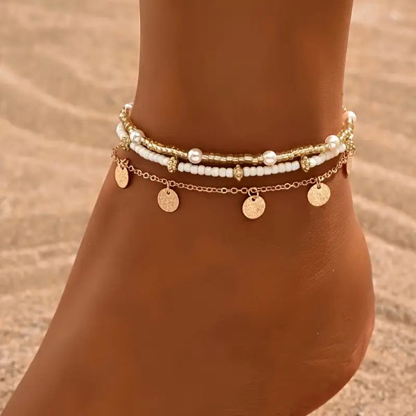 Coastal Charm 3-delige gelaagde enkelbandjes set | goudkleurig