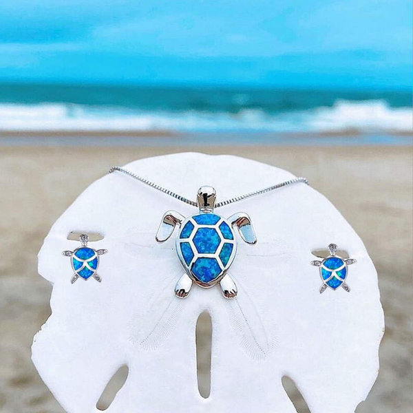 Zeeschildpad set ketting + oorbellen in opaallook en zilver