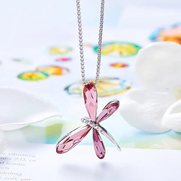 Roze kristallen libelle hanger ketting