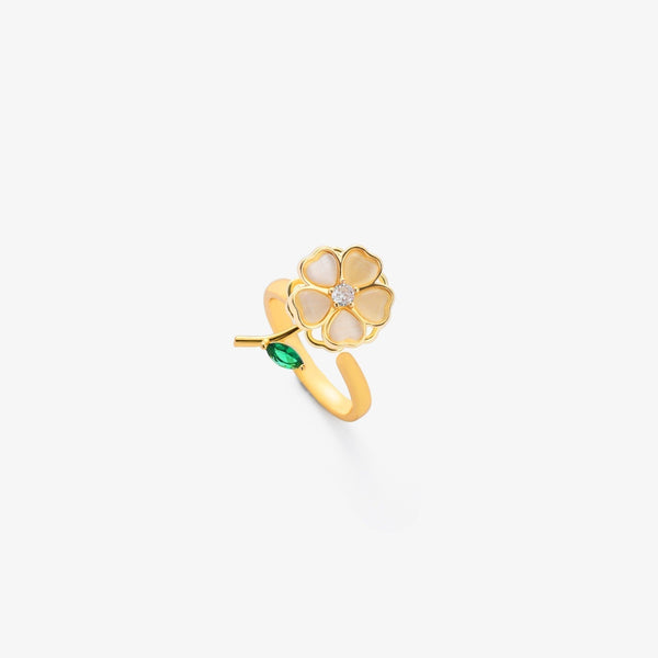 Draaibare bloemenring met smaragdgroen blaadje | goudkleurig