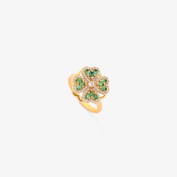 Goudkleurige bloemring met smaragdgroene steentjes