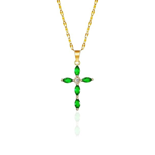 Goudkleurige kruisketting met markies-smaragd