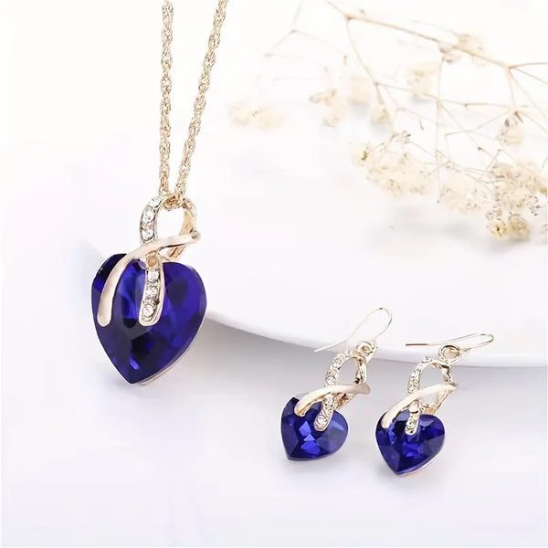 Goudkleurige saffier hart ketting en oorbellen set