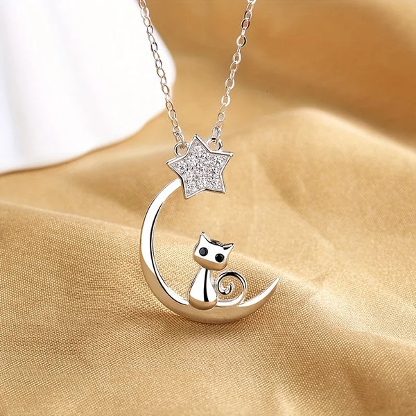 Sterling zilveren ketting met kat, maan en ster