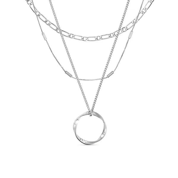 Drierijige ketting met open cirkel | witgoudkleurig