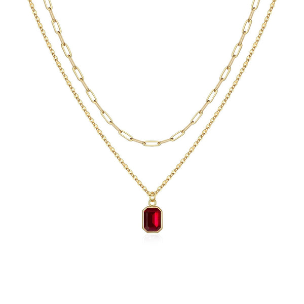 Gelaagde paperclip-ketting met robijn | goudkleurig
