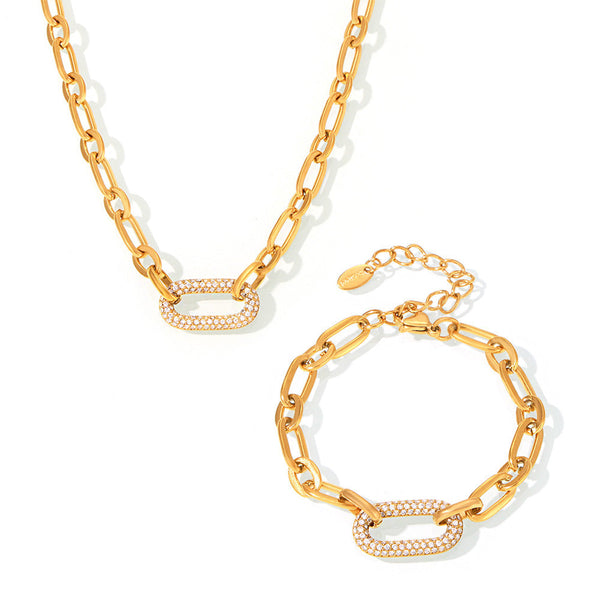 Grove schakelketting-set met pavé | goudkleurig