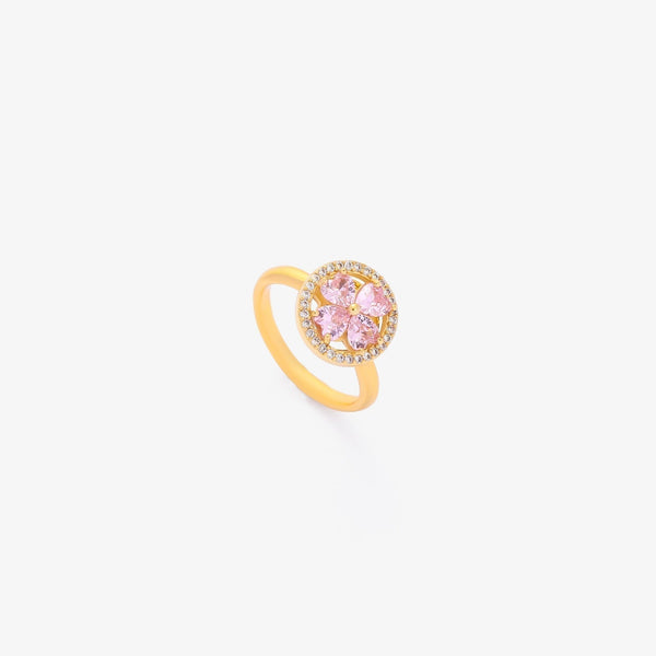 Draaiende ring met roze hartjesbloem | goudkleurig