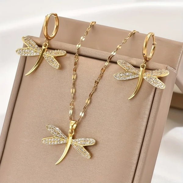 Goudkleurige libelle ketting met oorbellen cadeau