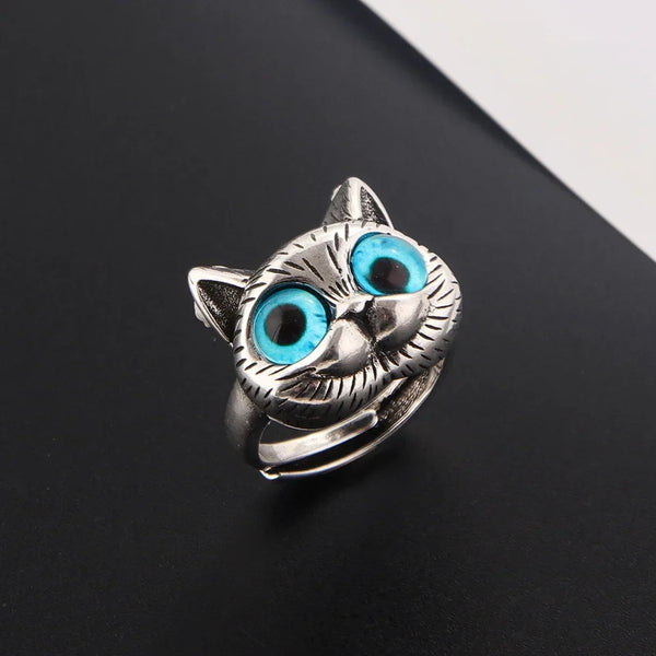 Kattenring met blauwe ogen – speelse vintage zilveren dierenring voor kattenliefhebbers
