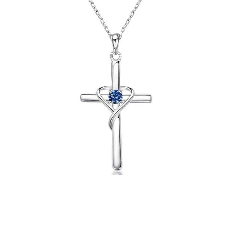 Kruisketting met saffierblauw steentje | witgoudkleurig