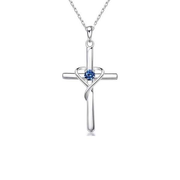 Kruisketting met saffierblauw steentje | witgoudkleurig
