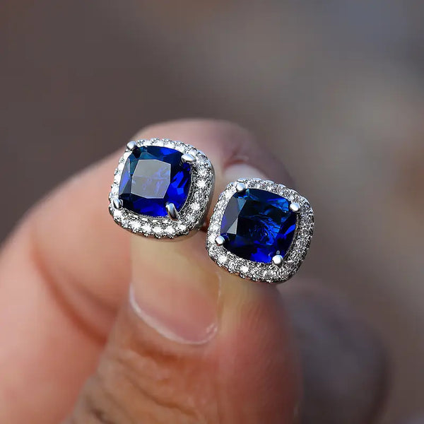 Vierkante saffierblauwe oorknopjes | witgoudkleurig
