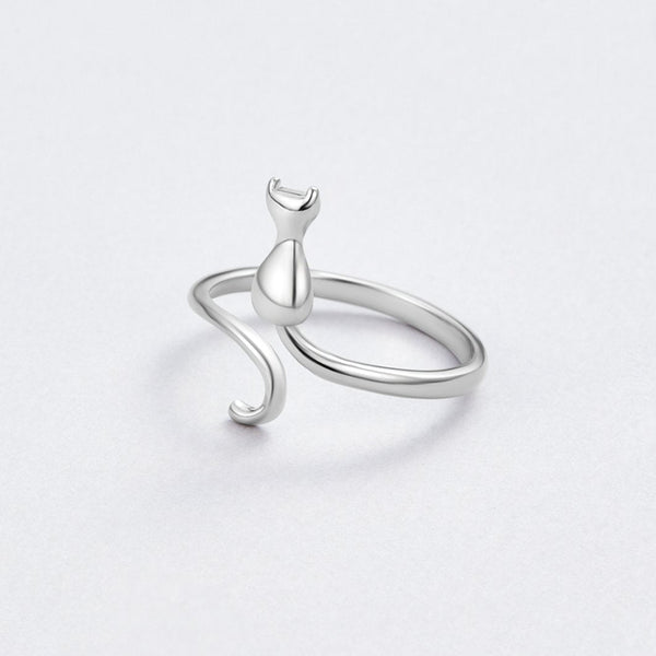 Zilverkleurige ring met kattenmotief