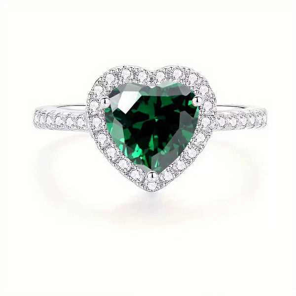 Zilverkleurige smaragd hart halo-ring