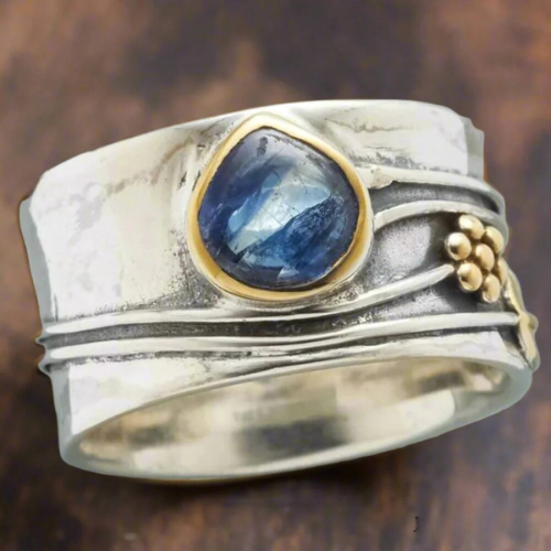 Zilver- en goudkleurige ring met steen in kastzetting
