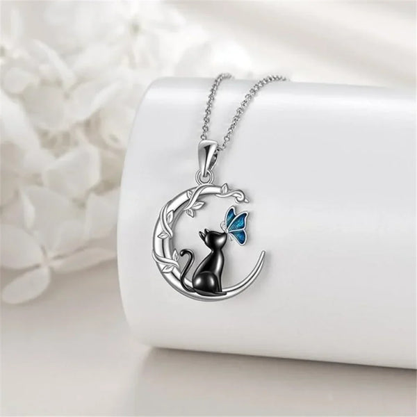 Kristallen hanger-ketting met maan, kat en vlinder