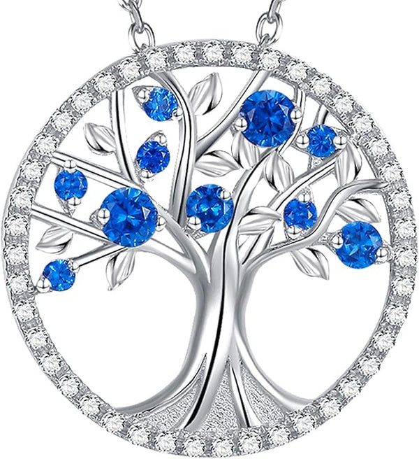 Levensboom-ketting met saffier | witgoudkleurig