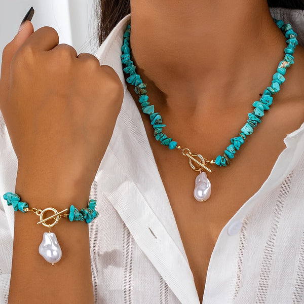 Set van ketting en armband met turkoois & parel