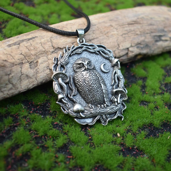 Mystieke uil met maan en paddenstoel – hanger ketting