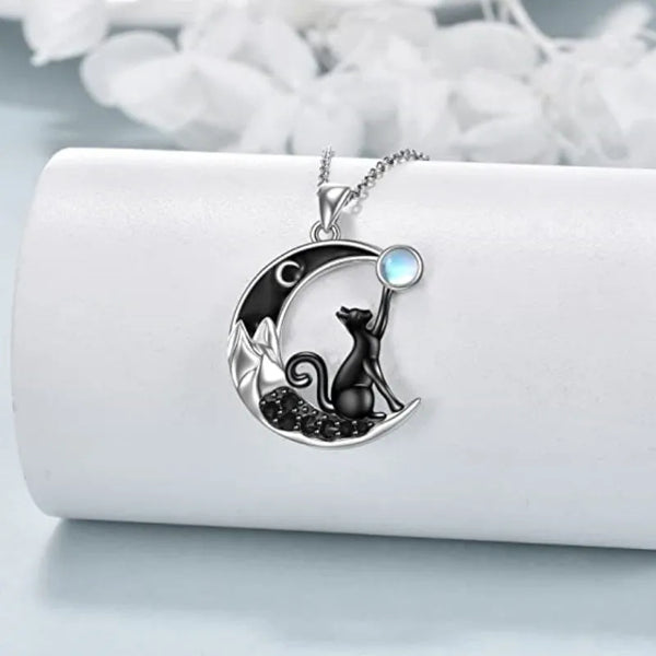 Kristallen hanger-ketting met zwarte kat en maan