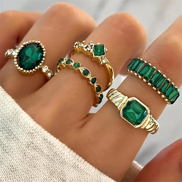 Zarina ringenset met smaragdgroene steentjes | goudkleurig