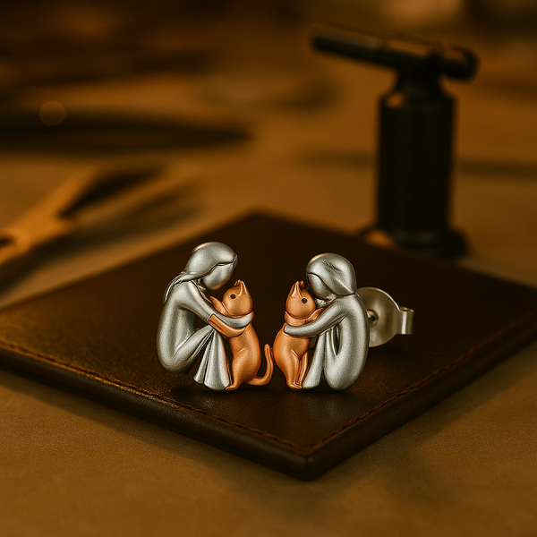 Tweekleurige zilver- en goudkleurige oorbellen met kattenknuffel