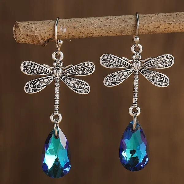 Vintage libelle-hangoorbellen met blauwe zirkonia-druppel