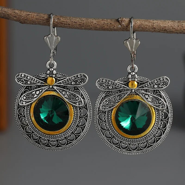 Vintage libelle oorbellen met groene zirkonia