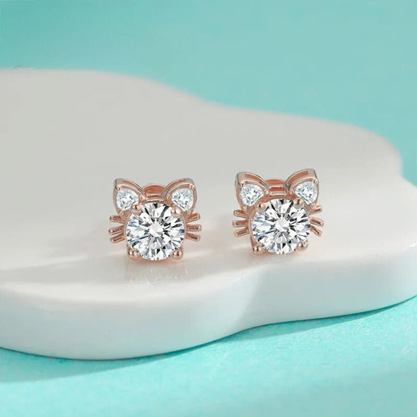 Moissaniet roségouden katten oorknopjes in 925 sterling zilver