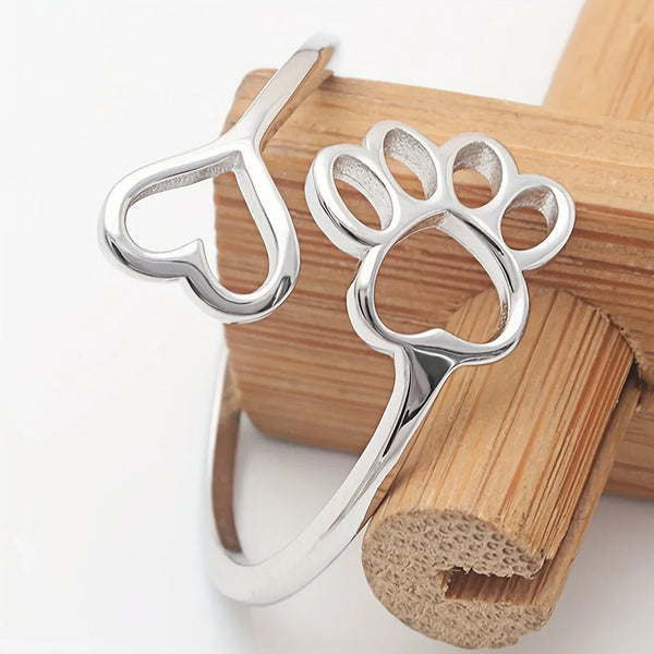 Handgemaakte ring met pootje & hartje – verstelbaar 925 sterling zilver