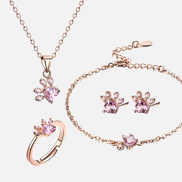 Roségouden pootjes sieradenset – 4 delen met zirkonia hart (ring, ketting, oorbellen, armband)