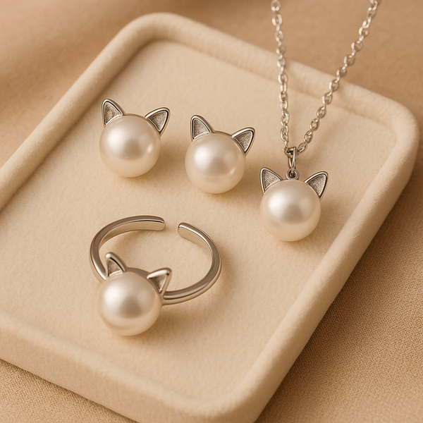 Prachtige parel kattenketting met oorbellen + ring cadeau