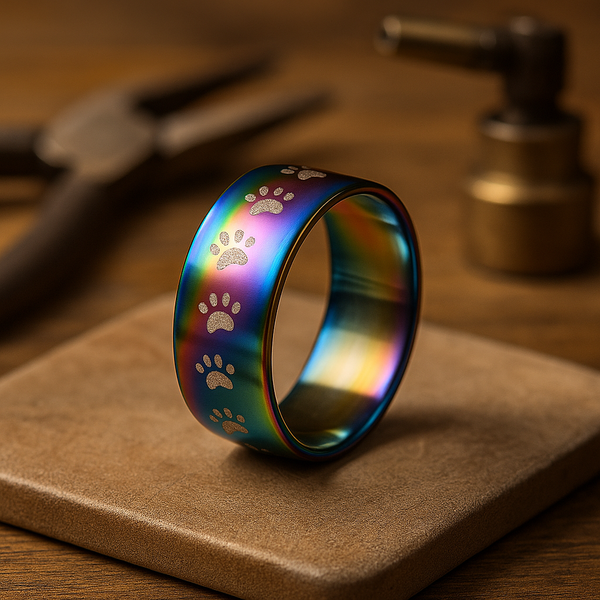 Handgemaakte regenboog ring van roestvrij staal met pootjes