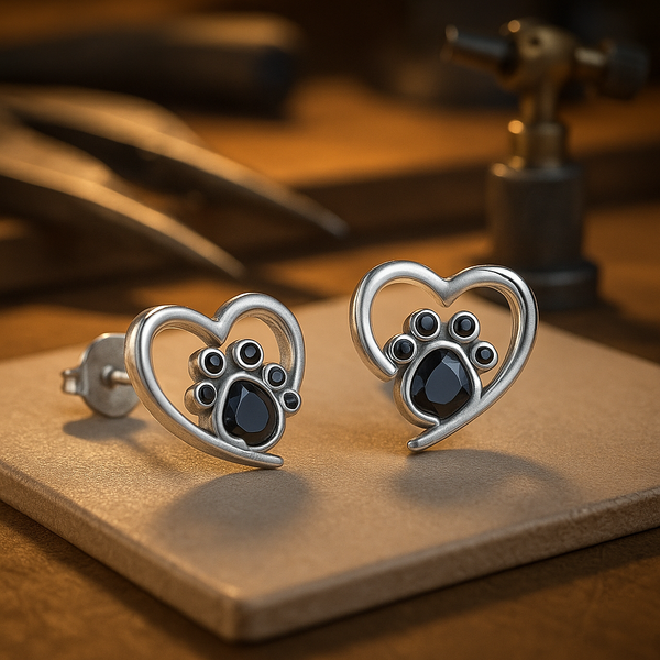 Hart pootje oorknopjes – zilver met zwart emaille